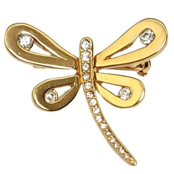 St John Gold Tone Clear Rhinestone Dragonfly Brooch Pin, Signed - Picture 10 of 10